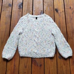 M white fuzzy rainbow speckled long sleeve cozy sweater
